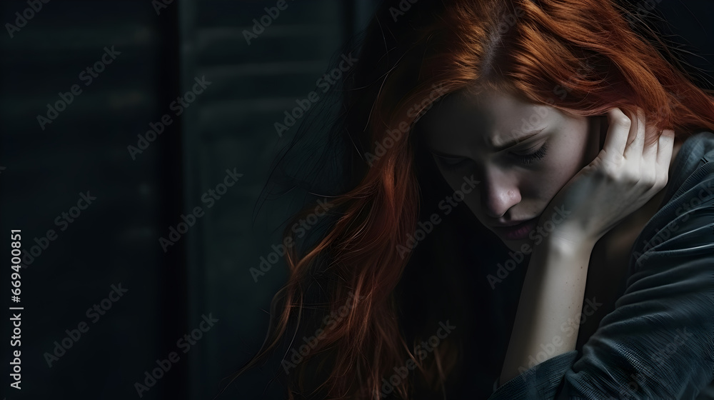 Portrait of a young redhead woman sitting on a floor, hopeless and depressed against a textured, cracked wall. Portrait of a young redhead woman sitting on a floor, hopeless and depressed against a textured, cracked wall.