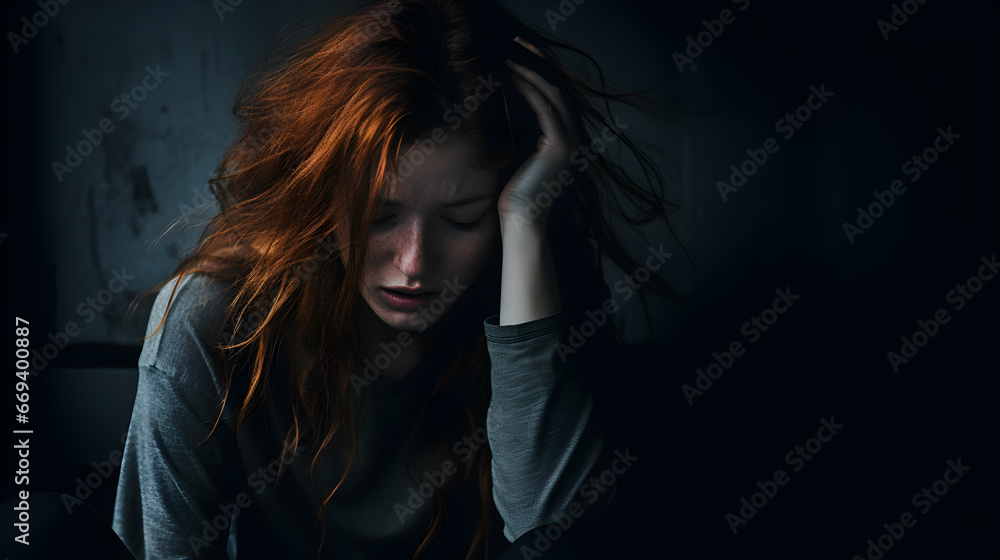 Portrait of a young redhead woman sitting on a floor, hopeless and depressed against a textured, cracked wall. - obrazy, fototapety, plakaty 