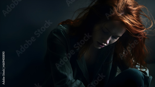 Portrait of a young redhead woman sitting on a floor, hopeless and depressed against a textured, cracked wall.