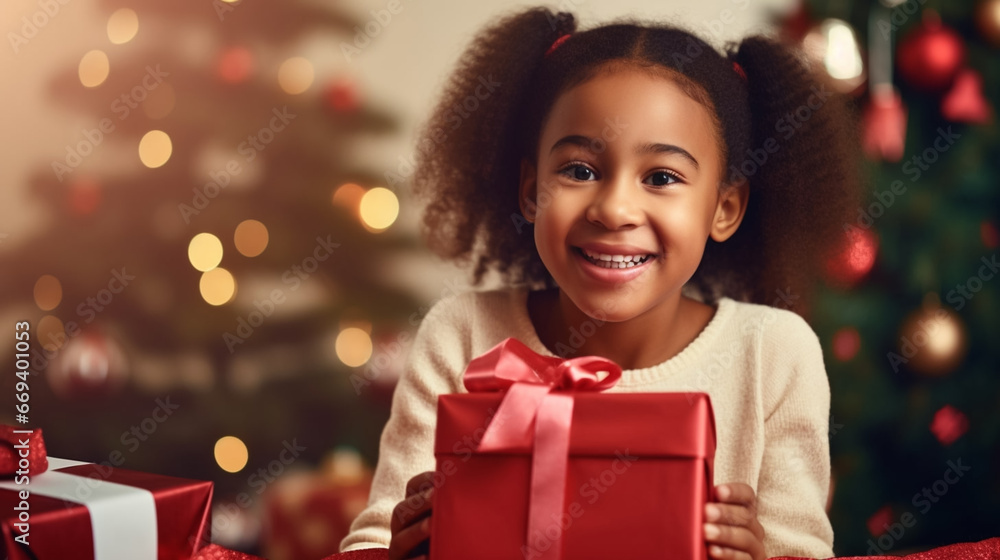 Black african american child with a Christmas present during Christmas time. Little child recieving a Christmas present. Happy child smiling with a present. Christmas tree with lights in the backgroun Black african american child with a Christmas present during Christmas time. Little child recieving a Christmas present. Happy child smiling with a present. Christmas tree with lights in the backgroun