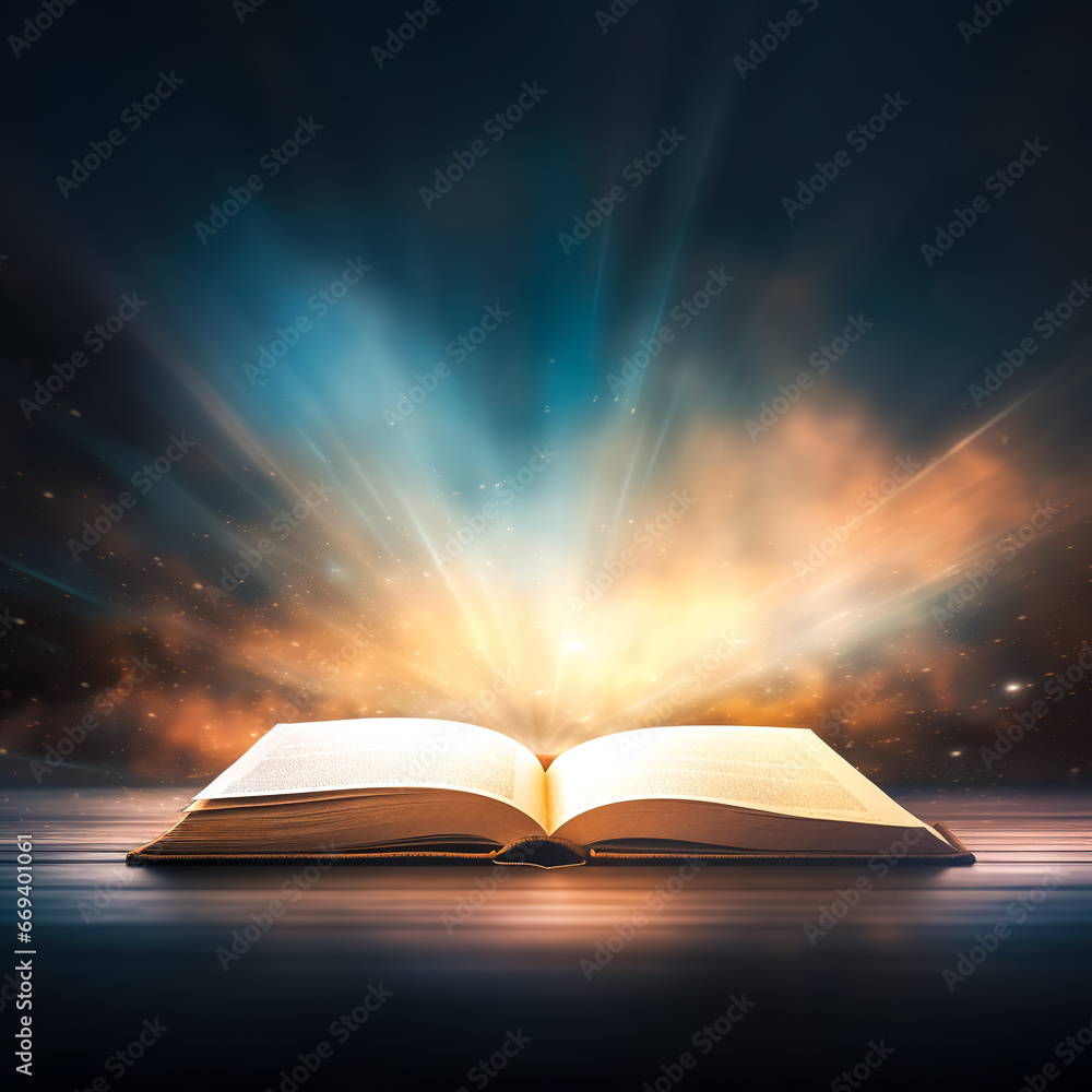 An open magic book with bright sparkling light rays. An open magic book with bright sparkling light rays.