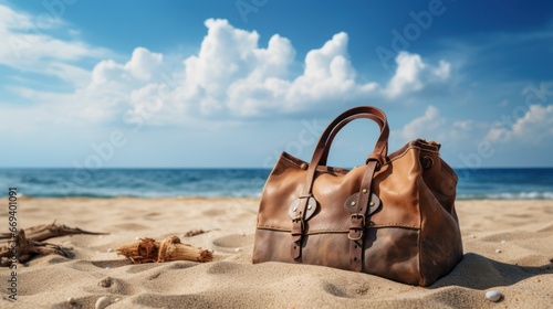 A bag rests on the sand  under a captivating sky
