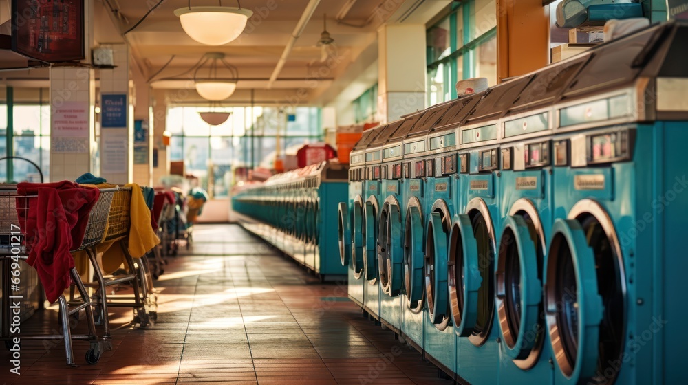 A bustling laundromat with machines working overtime