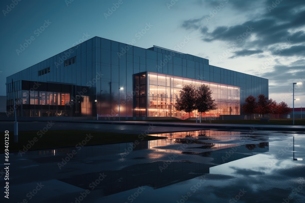 Industry Building With Solar Panels, Illuminated By Morning Light Industry Building With Solar Panels, Illuminated By Morning Light