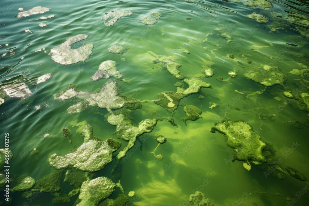 Large Green Algae Bloom Seen In Body Of Water Large Green Algae Bloom Seen In Body Of Water