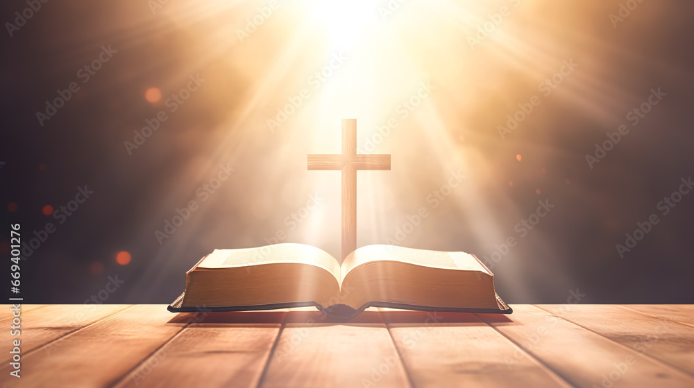 Opened holy Bible on a wooden desk with a glowing cross. Opened holy Bible on a wooden desk with a glowing cross.