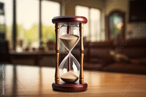 Hourglass Measures Time In Office Setting. Сoncept Productivity Tips, Time Management Strategies, Office Organization, Work-Life Balance, Stress Management Techniques