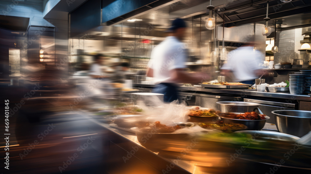 Fototapeta premium Bustling kitchen. Chefs passionately working in a busy culinary haven