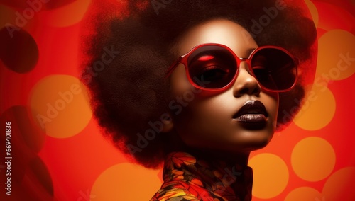 A powerful portrayal of a woman with a voluminous afro, adorned with vibrant sunglasses and bold makeup, radiating confidence against a fiery red backdrop. Perfect for fashion and empowerment themes.