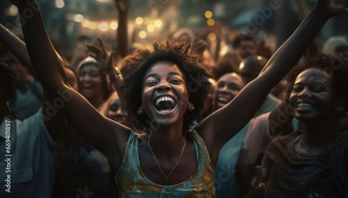 An exuberant AI-generated crowd celebrates, with a joyful woman at the forefront raising her arms in triumph. Ideal for illustrating community spirit, festivals, or significant moments. photo