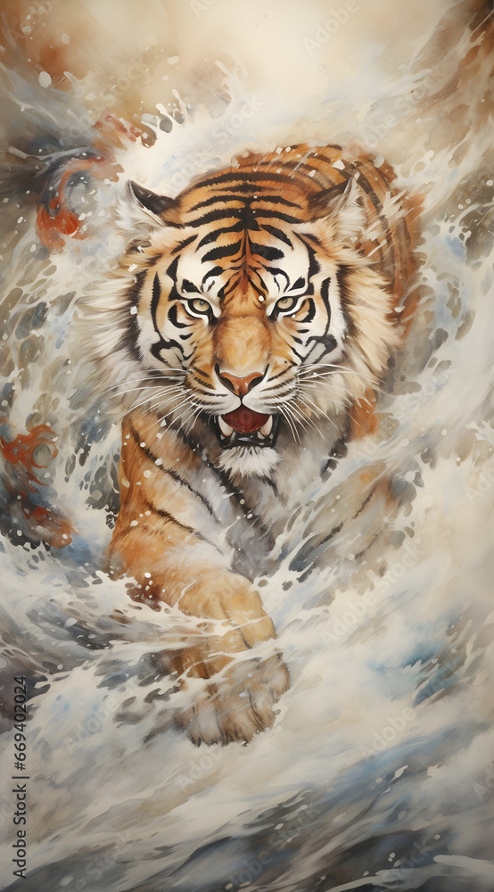 Tiger. Watercolor style. The painting looks beautiful.