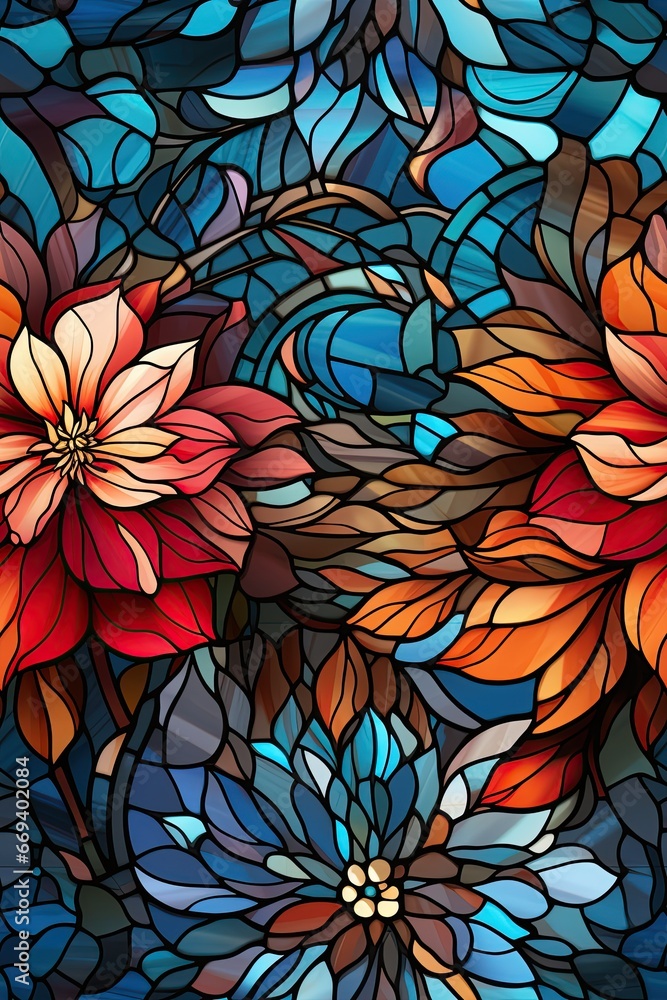 seamless pattern with texture ornament of multicolored flowers on window stained glass