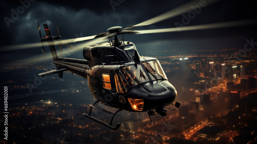 A helicopter soars above the city, illuminating the darkness