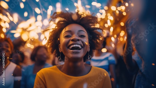 A jubilant woman with curly hair  in a golden hue  is surrounded by twinkling lights  capturing the essence of joy and festive celebrations. Ideal for events  happiness  and lifestyle themes.