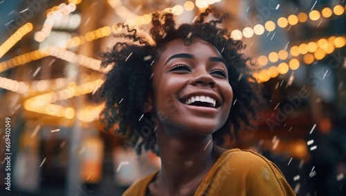A jubilant woman with curly hair, in a golden hue, is surrounded by twinkling lights, capturing the essence of joy and festive celebrations. Ideal for events, happiness, and lifestyle themes.