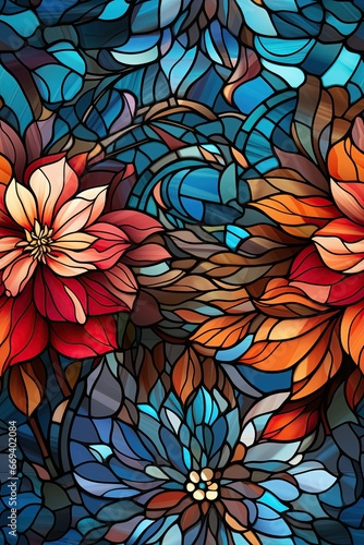 seamless pattern with texture ornament of multicolored flowers on window stained glass
