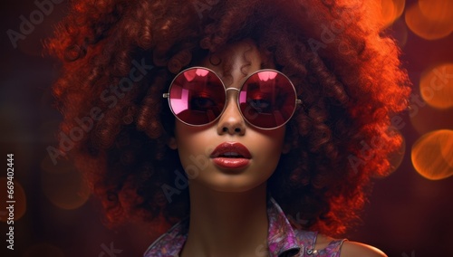 A vibrant portrait of an AI-generated woman with voluminous curly hair, donning colorful mirrored sunglasses, against a psychedelic backdrop. Perfect for fashion brands, music albums, or 70s-themed ad