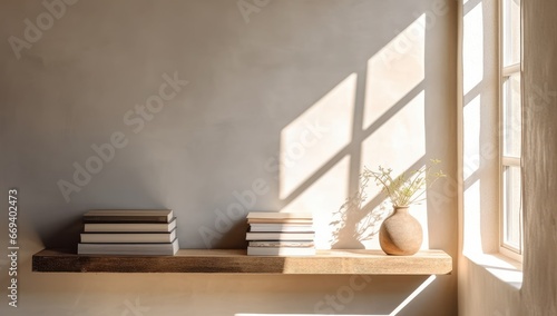 A serene setting of a sunlit interior with a white table adorned with books, vases, and delicate flowers. Ideal for home decor, lifestyle blogs, or interior design concepts. photo