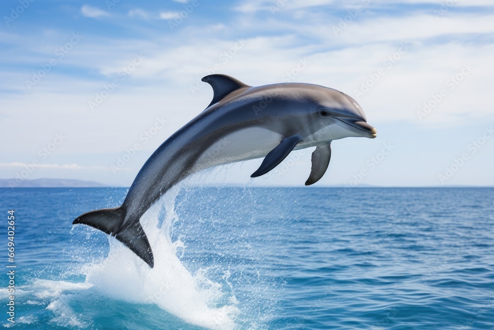 Fototapeta premium Beautiful Blue Dolphin Having The Most Fun Jumping Above The Ocean