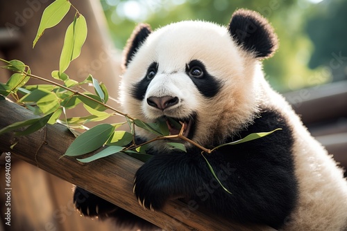 Panda Happily Munching On Bamboo On Tree Branch