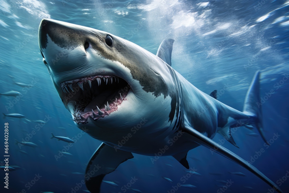 Obraz premium Realistic Depiction Of Majestic Great White Shark In Motion