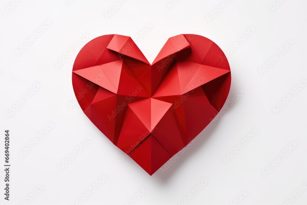 Red Paper Origami Heart On White Background