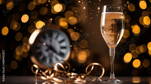 New years eve champagne with bokeh light and clock 