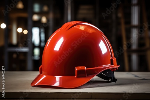 Red Safety Helmet At Construction Work Site Signifies Safety