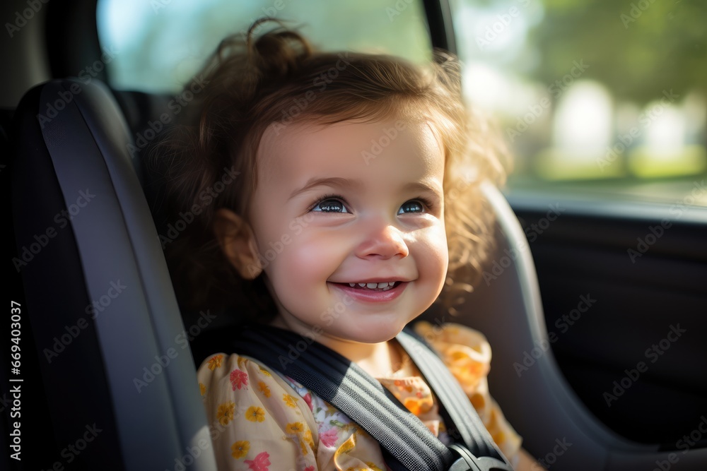 Smiling Baby Girl In Car Seat, Seat Belt Secured Smiling Baby Girl In Car Seat, Seat Belt Secured