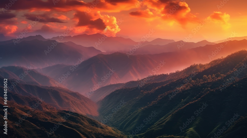 Naklejka premium Mountains merging with the vibrant hues of sunset