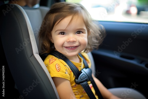 Smiling Baby Girl In Car Seat, Seat Belt Secured © Anastasiia
