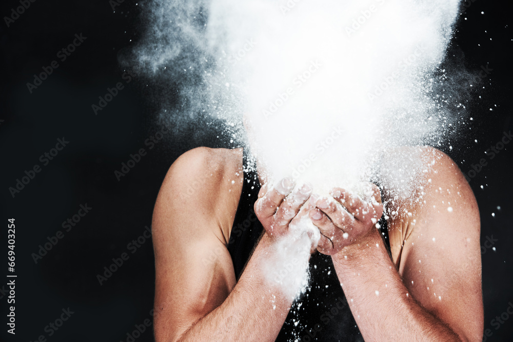 Man, throw and powder in face in studio on black background for mock up in fitness for gymnastics. Male athlete, chalk or dust for grip, hands and sports competition for strength, power or dedication
