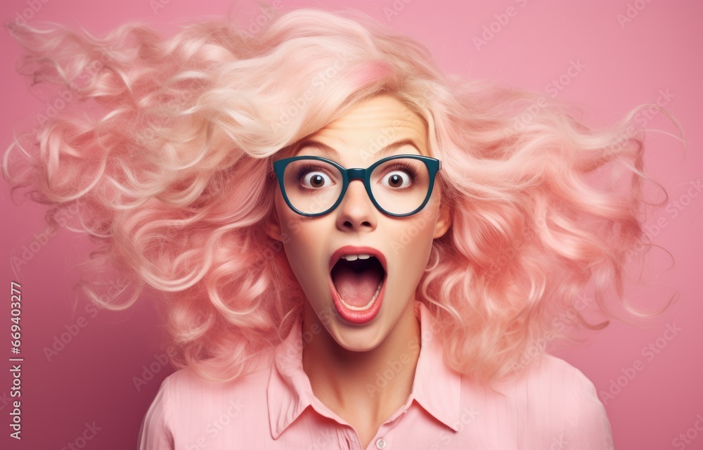 A vibrant portrait of a woman with windswept pastel pink hair, wearing glasses and expressing sheer surprise against a pink backdrop. Ideal for advertisements, fashion blogs