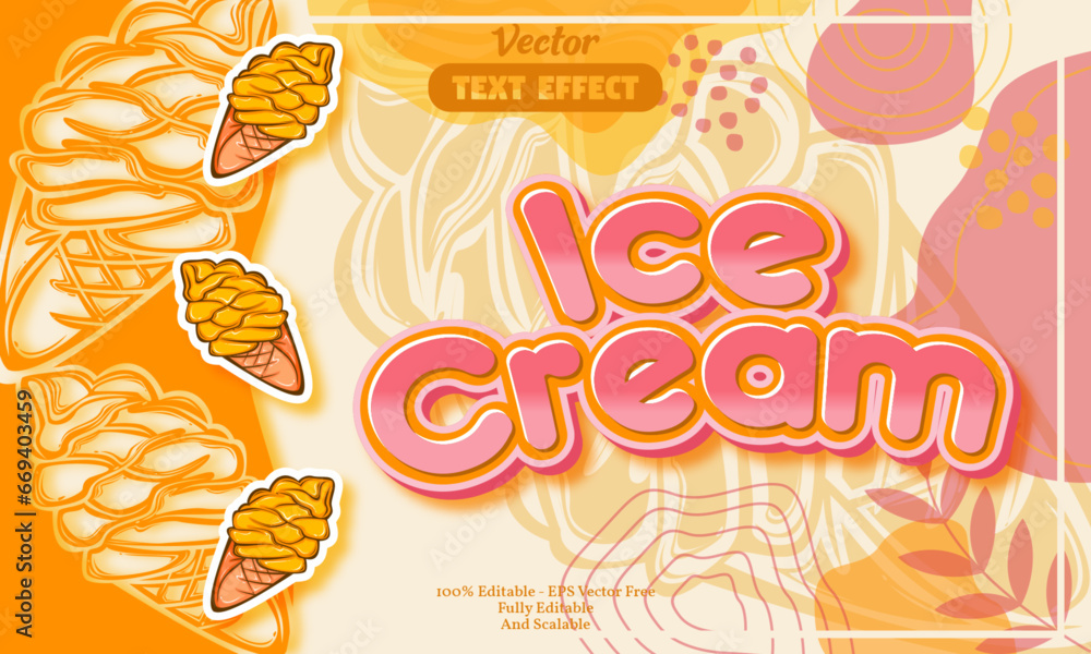 Ice cream editable text effect with yellow ice cream hand drawn pattern