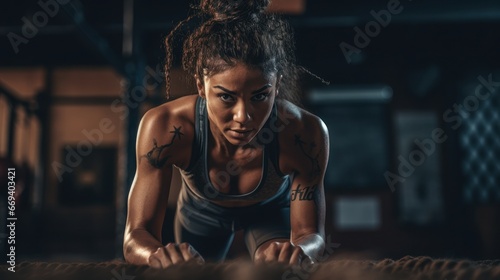 Focused African American woman performing push-ups in a dimly lit gym, showcasing strength and determination.