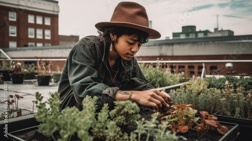 A man in a hat tends to a rooftop urban garden amidst the backdrop of a city skyline. Ideal for urban farming, sustainable living, and green city initiatives.