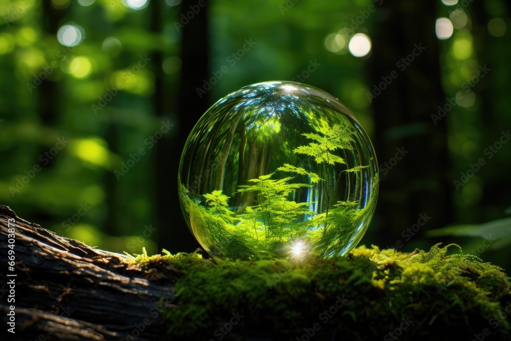 Symbolic Glass Globe Surrounded By Lush Forest, Conveying Sustainability