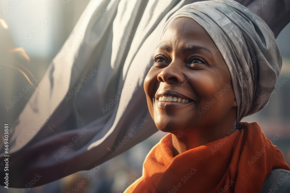 Uplifting portrait of a woman wearing a silver headwrap, beaming with joy against a backdrop of flowing fabric. Ideal for showcasing resilience, wisdom, and vibrant spirit.