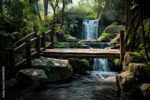 Stone Platform Over Waterfall  Jungle Forest Backdrop For Showcasing