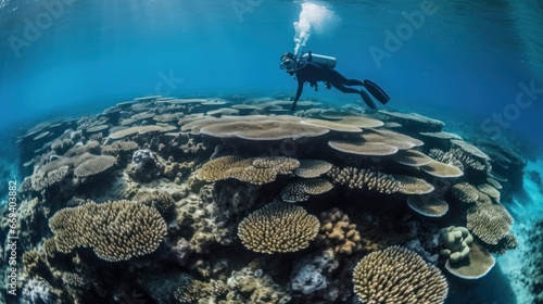 A diver explores the vibrant underwater world, hovering over a large coral formation. Ideal for illustrating marine life, aquatic adventures, and conservation efforts.
