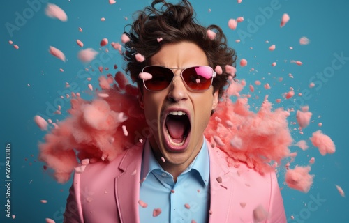 Ecstatic man in pink blazer and heart sunglasses, exploding with pink confetti, great for celebrations.