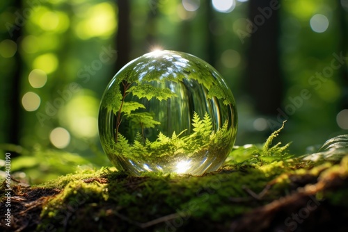 Symbolic Glass Globe Surrounded By Lush Forest  Conveying Sustainability