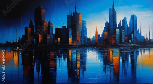 watercolor painted buildings in the city, view of the city, painting, panorama of the city at night