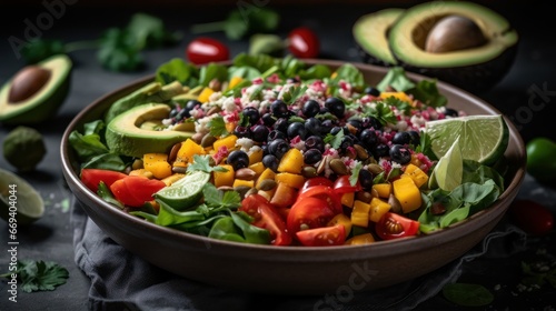 Vibrant salad bowl filled with colorful vegetables, avocados, and lime, set on a dark backdrop with scattered ingredients. Ideal for culinary websites, recipes, and healthy living promotions.