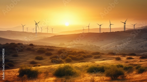 Majestic view of wind turbines standing tall in a vast landscape at sunset. Perfect for promoting sustainable energy  environmental conservation  and future technology.
