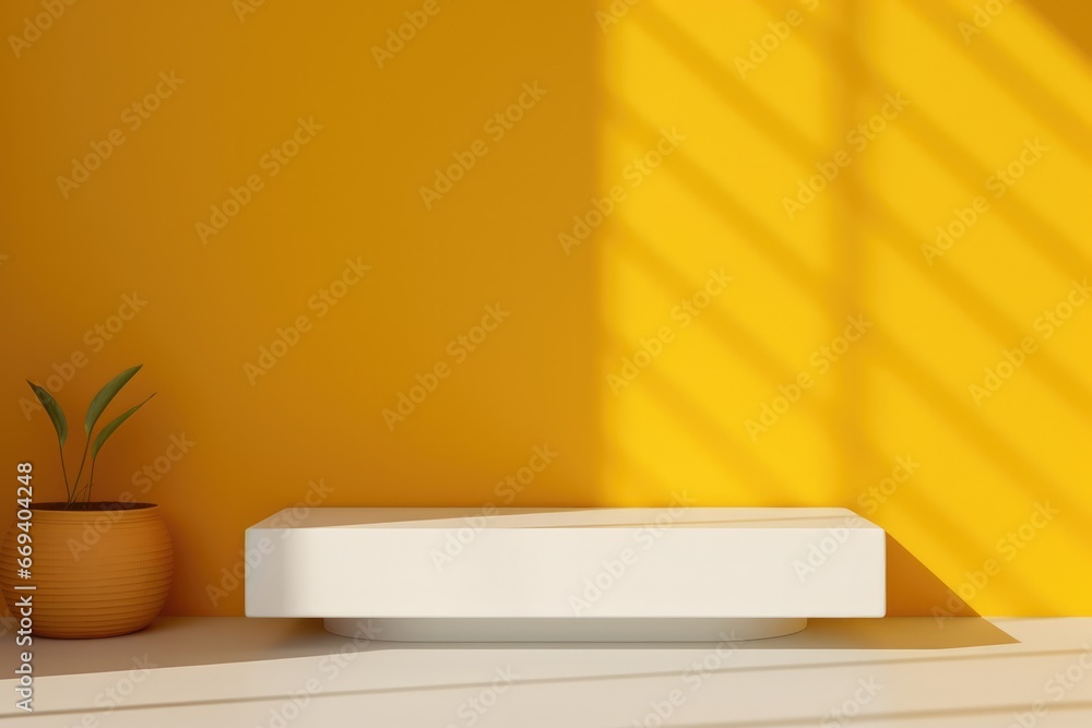 White Podium On Yellow Wall For Product Presentation White Podium On Yellow Wall For Product Presentation