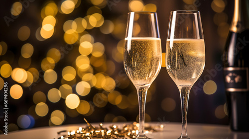 New years eve champagne with bokeh light and clock  photo