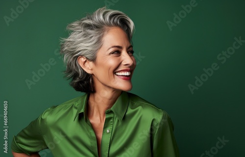 Elegant mature woman in a green blouse stands confidently against a matching green backdrop, exuding grace and experience. Ideal for corporate presentations, health products, or mature fashion