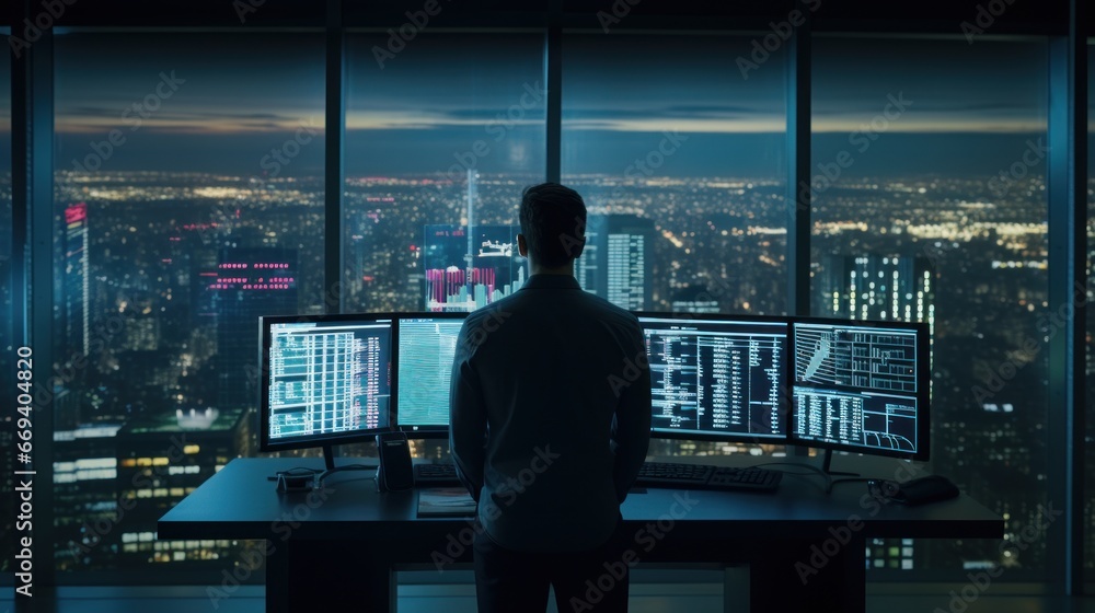 Finance Professional in High-Tech Office Monitoring Stocks Finance Professional in High-Tech Office Monitoring Stocks
