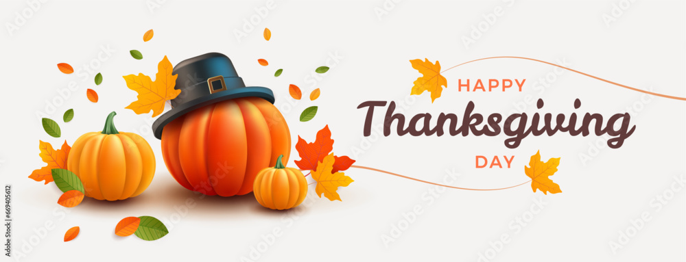 Thanksgiving day banner. Holiday background with realistic 3d orange pumpkin in pilgrim hat, autumn leaves. Horizontal holiday poster, header for website. Vector illustration - obrazy, fototapety, plakaty 